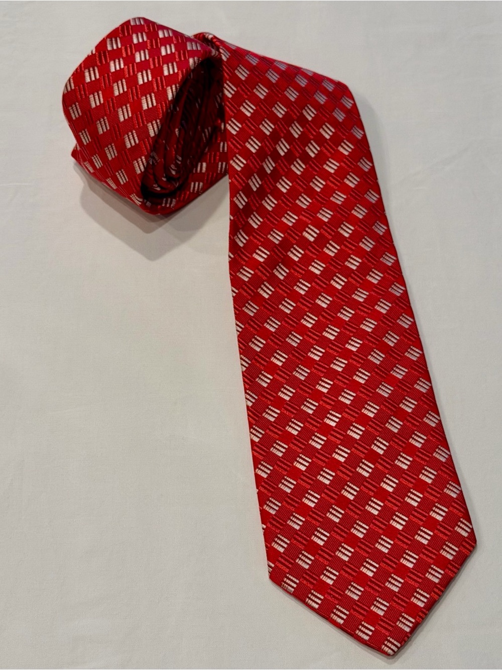 Hugo Boss Red Geometric Pattern Silk Tie